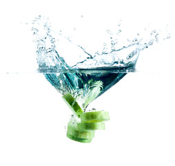 sliced cucumber splashing water isolated on white background