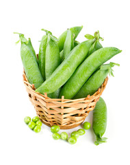 fresh pea in basket isolated on white