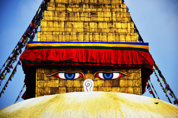 Boudhanath or Bodnath Stupa with Buddha eyes or Wisdom eyes