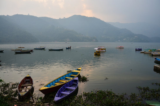 Boats on Phewa Lake in Annapurna Valley at Pokhara