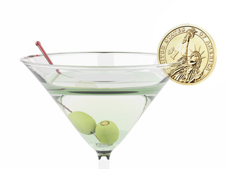 martini glass and sliced one dollar coin