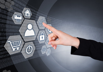 Businesswoman Pressing Modern Social Buttons