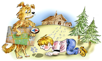 Obraz premium Boy and his dog looking for way home