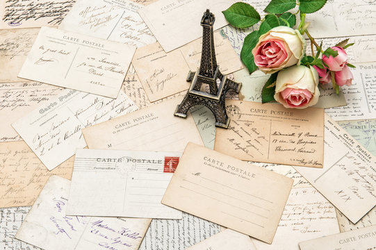 roses, antique french postcards and Eiffel Tower Paris