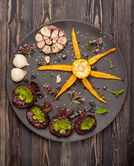 Roasted vegetables: carrots, beets, broccoli, cabbage, garlic