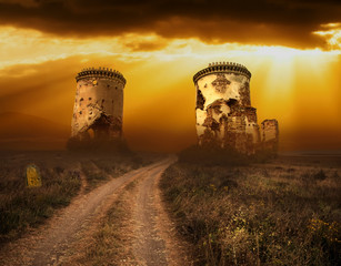 Halloween background with old towers and skulls