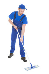 Male Servant Mopping Floor Over White Background