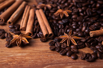 roasted coffee and cinnamon sticks