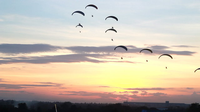 Set collection montage, Group of parachute fly in sunset,