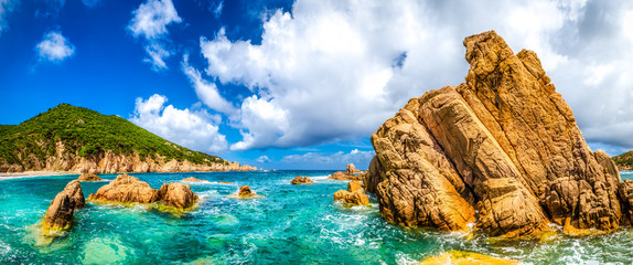 Ocean coastline scenic panoramic view in Costa Paradiso, Sardini - obrazy, fototapety, plakaty