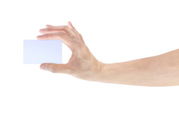 Hand with name card isolated in white background