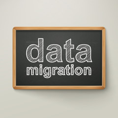 data migration on blackboard in wooden frame