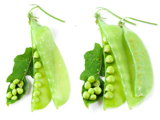 Fresh pea pods with flower isolated on white