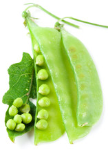 Fresh pea pods with flower isolated on white