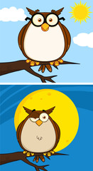 Wise Owl Cartoon Mascot Character. Collection Set