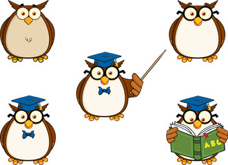 Wise Owl Teacher Cartoon Mascot Character 1. Collection Set