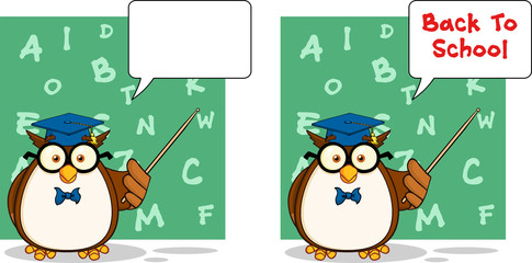 Wise Owl Teacher Cartoon Mascot Character 4. Collection Set