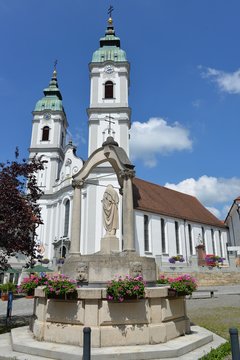 Stiftskirche Sankt Peter mit Brunnen Bad Waldsee
