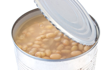 Open tin can of beans  on white