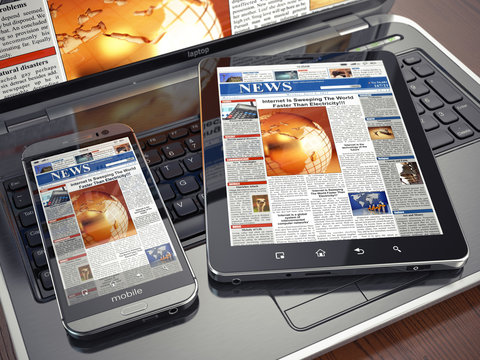 News. Media concept. Laptop, tablet pc and smartphone