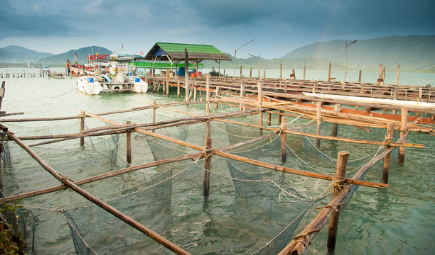 Fish cages on top view; fish cages in the river, Thailand