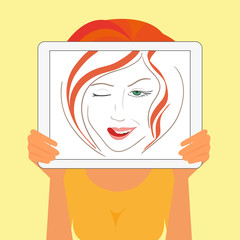 Woman holds tablet pc displaying fashion drawing