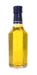 Yellow glass liquor bottle on white background.