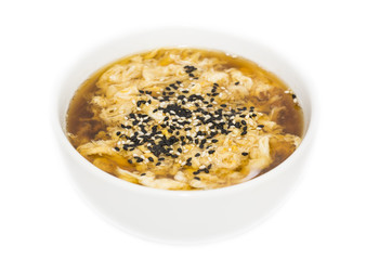 Japanese soup with beef and cheese on white background