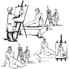 Three nude drawing themes