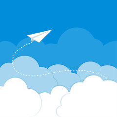 Paper airplane in the clouds on a blue background