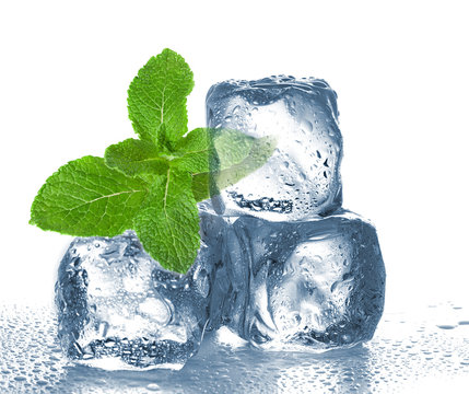 ice cubes and mint on white background.