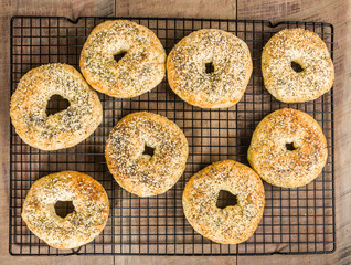 Bagels just baked on racks