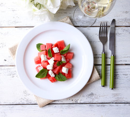 Salad with watermelon, feta and mint leaves