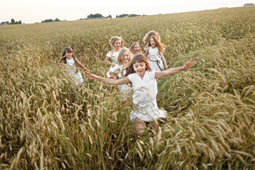 Naklejka na ściany i meble portrait of little girls running on the field