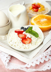 Delicious breakfast on table, close up