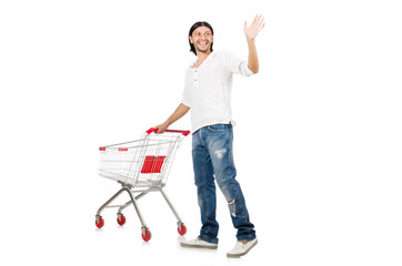 Man shopping with supermarket basket cart isolated on white