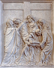 Fototapeta na wymiar Brussels - Stone relief the Depostition of the cross