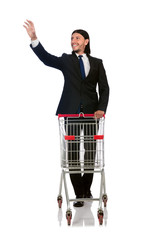 Man shopping with supermarket basket cart isolated on white