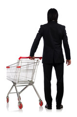Man shopping with supermarket basket cart isolated on white