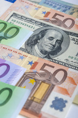 World Currency Concept: Closeup of European and the US Hard Curr