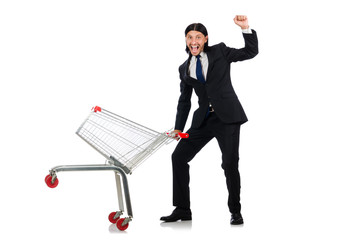 Man shopping with supermarket basket cart isolated on white