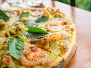 Pizza margarita with grilled shrimp