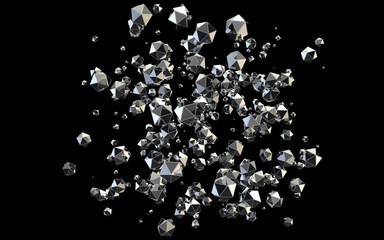 Falling 3D diamonds on black background