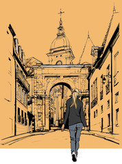 France - Woman strolling in an old city