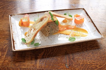 rabbit  chicken terrine plated meal