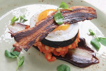 Bacon Egg Black Pudding Baked Beans Plated Meal