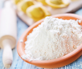 flour and raw pelmeni