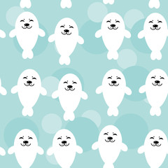 Seamless pattern with funny cute white seals animal on a blue ba