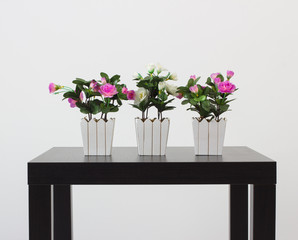 Three pots with homemade flowers on a black table.