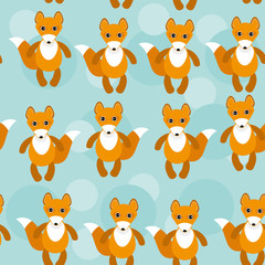 Seamless pattern with funny cute fox animal on a blue background